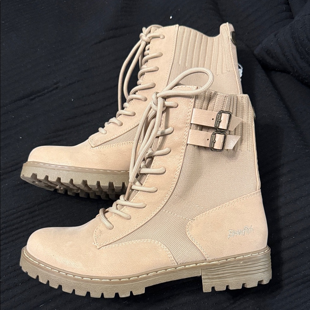 Beige Lace-Up Combat Boots with Buckle Accents